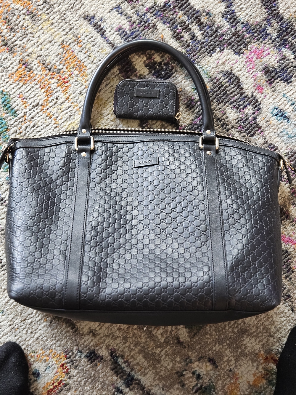 Gucci Women's Black Embossed Leather Tote And Purse 13.5w X 10.5H